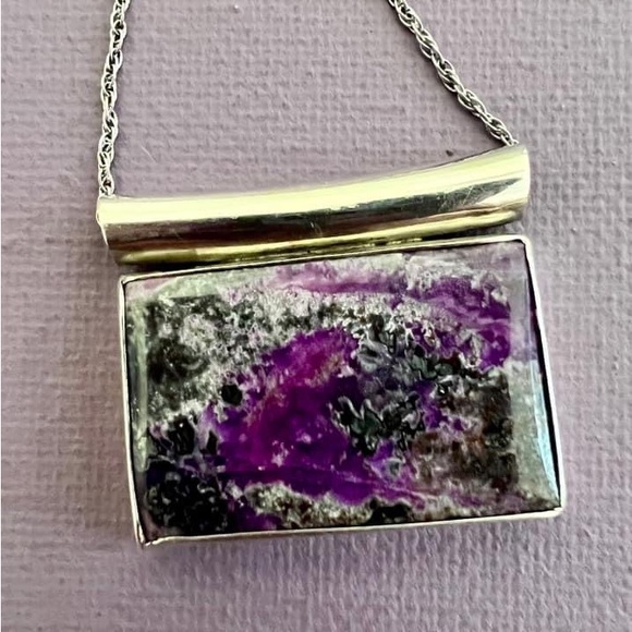 Vintage Sterling Silver Purple Moss Agate Necklace - Picture 2 of 4